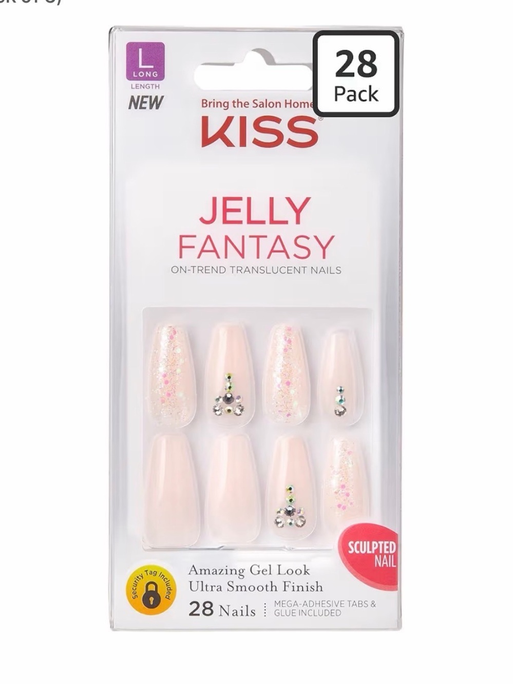 NWT Kiss Gel Fantasy Jelly Translucent Pink Nails with Iridescent Rhinestones